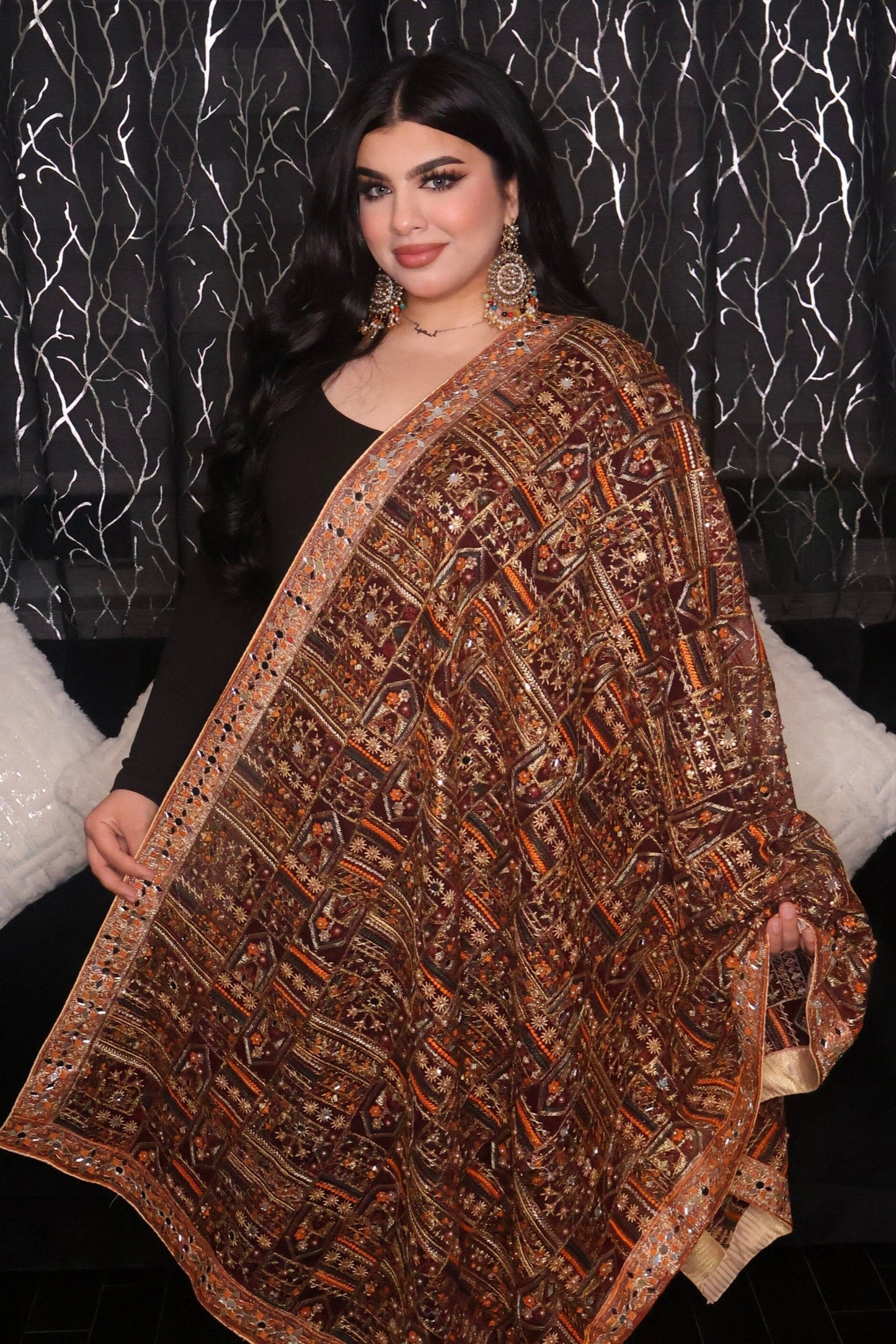 Handmade Pakistani Embroidered Scarf with Mirrors