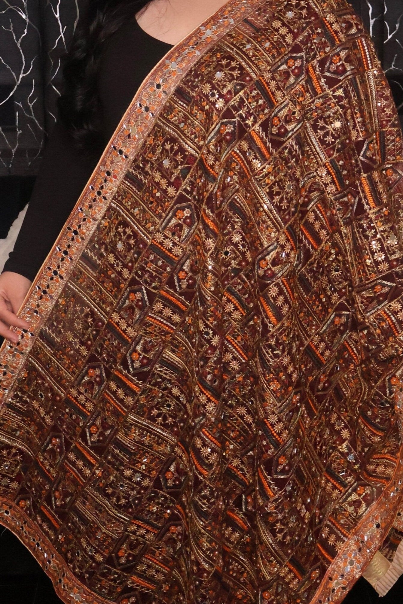 Handmade Pakistani Embroidered Scarf with Mirrors