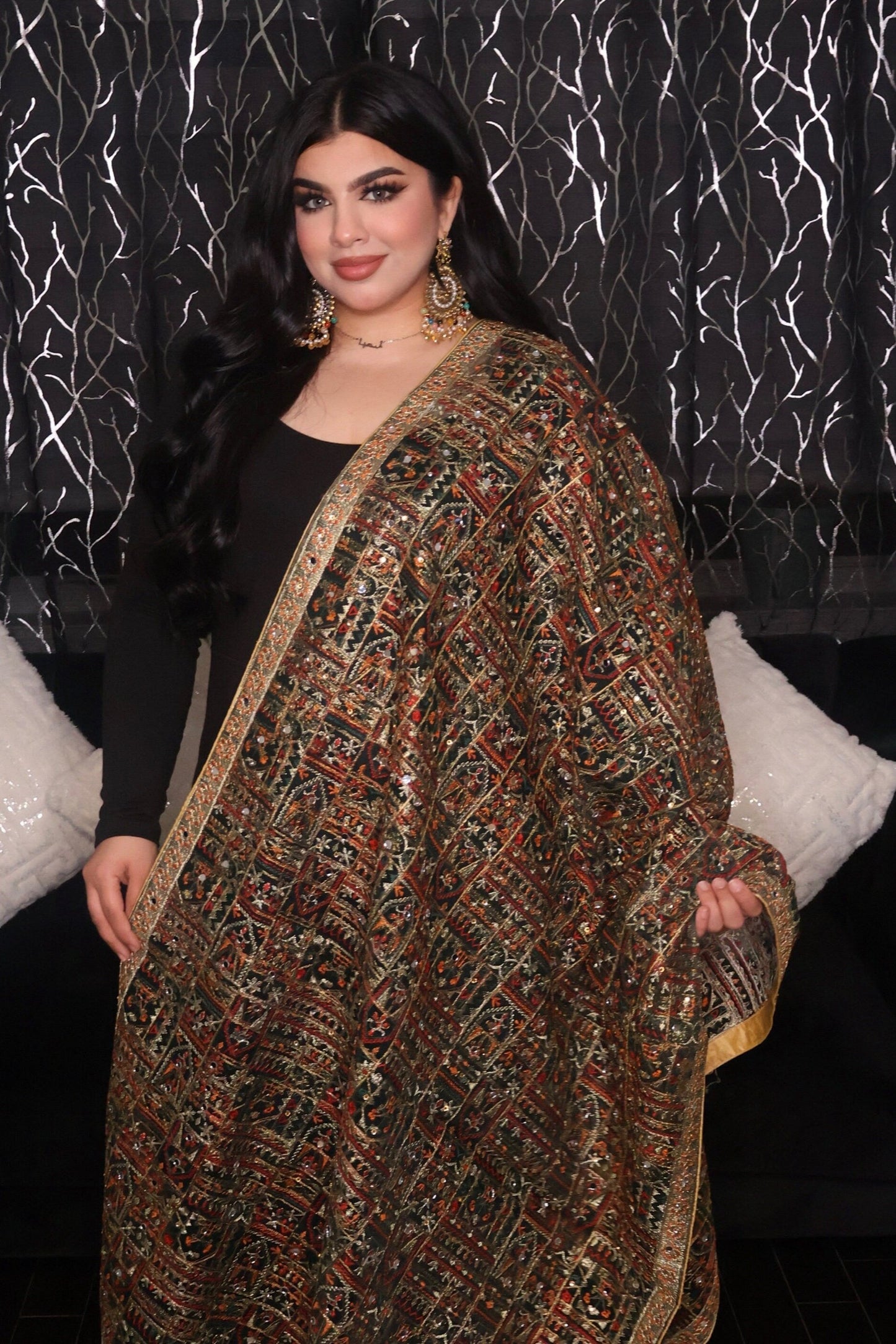 Handmade Pakistani Embroidered Scarf with Mirrors