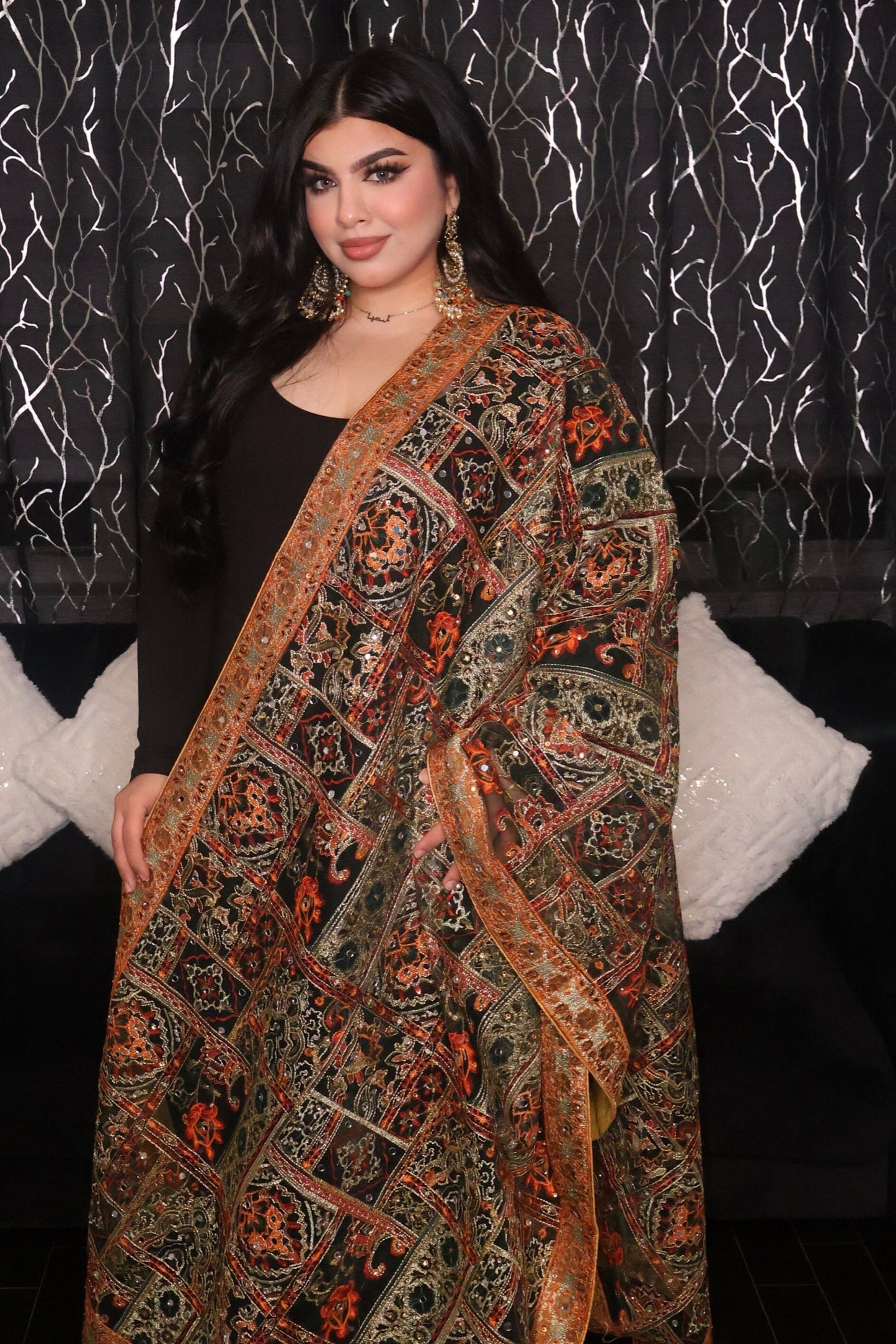 Handmade Pakistani Embroidered Scarf with Mirrors