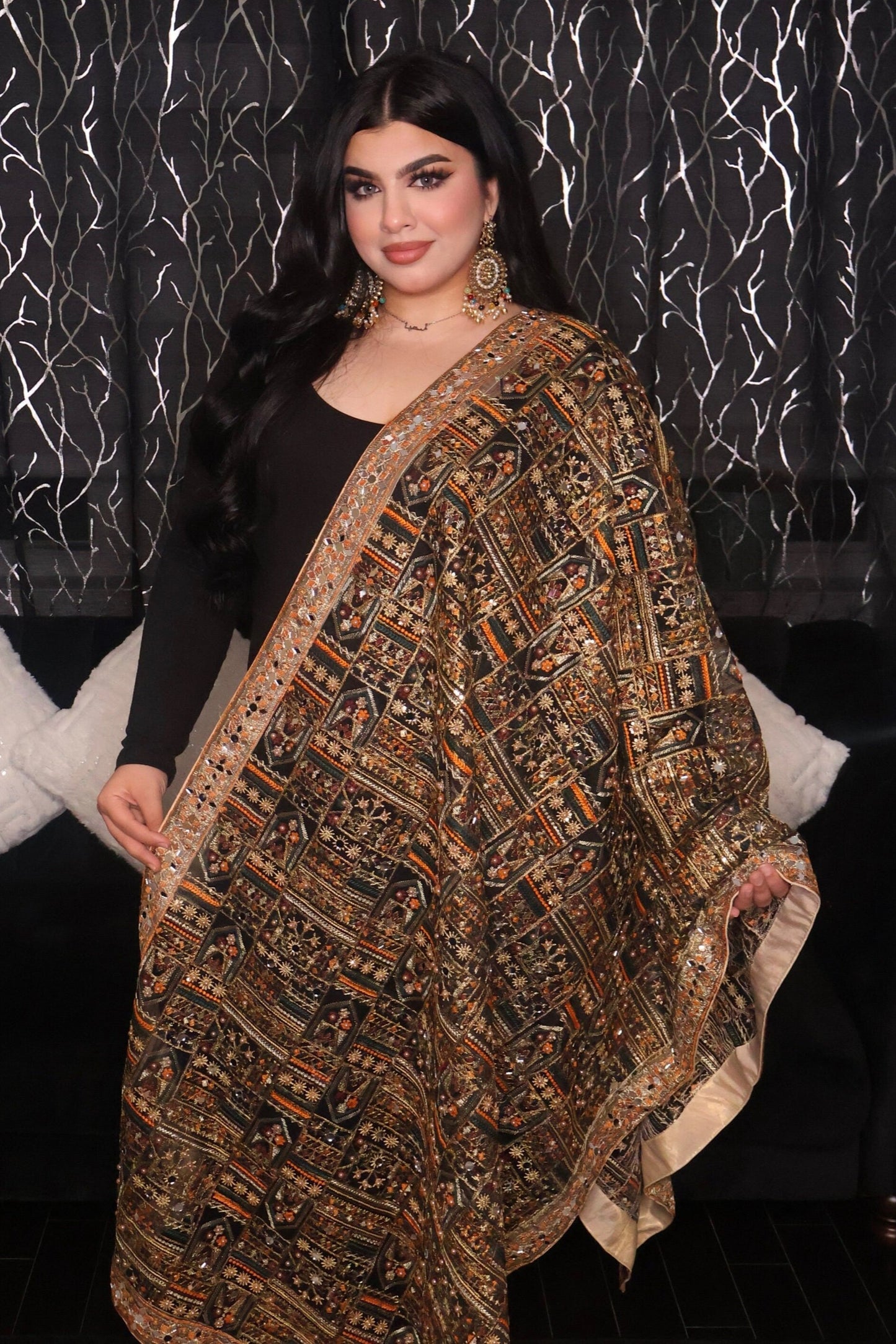 Handmade Pakistani Embroidered Scarf with Mirrors