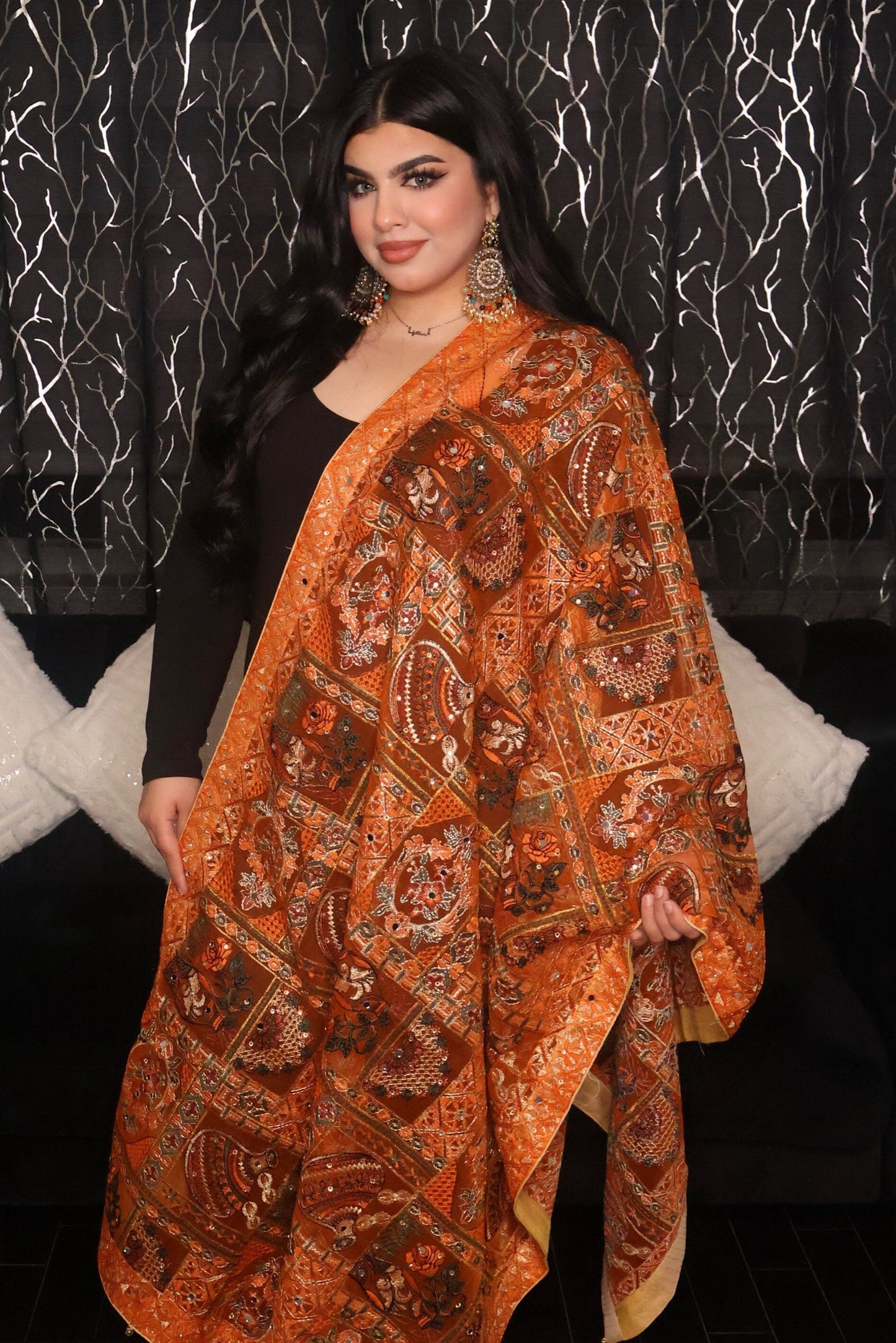 Handmade Pakistani Embroidered Scarf with Mirrors