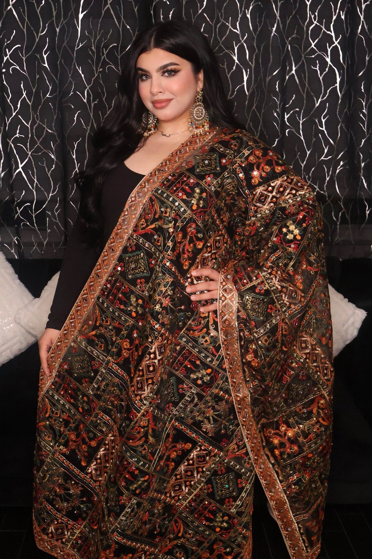 Handmade Pakistani Embroidered Scarf with Mirrors